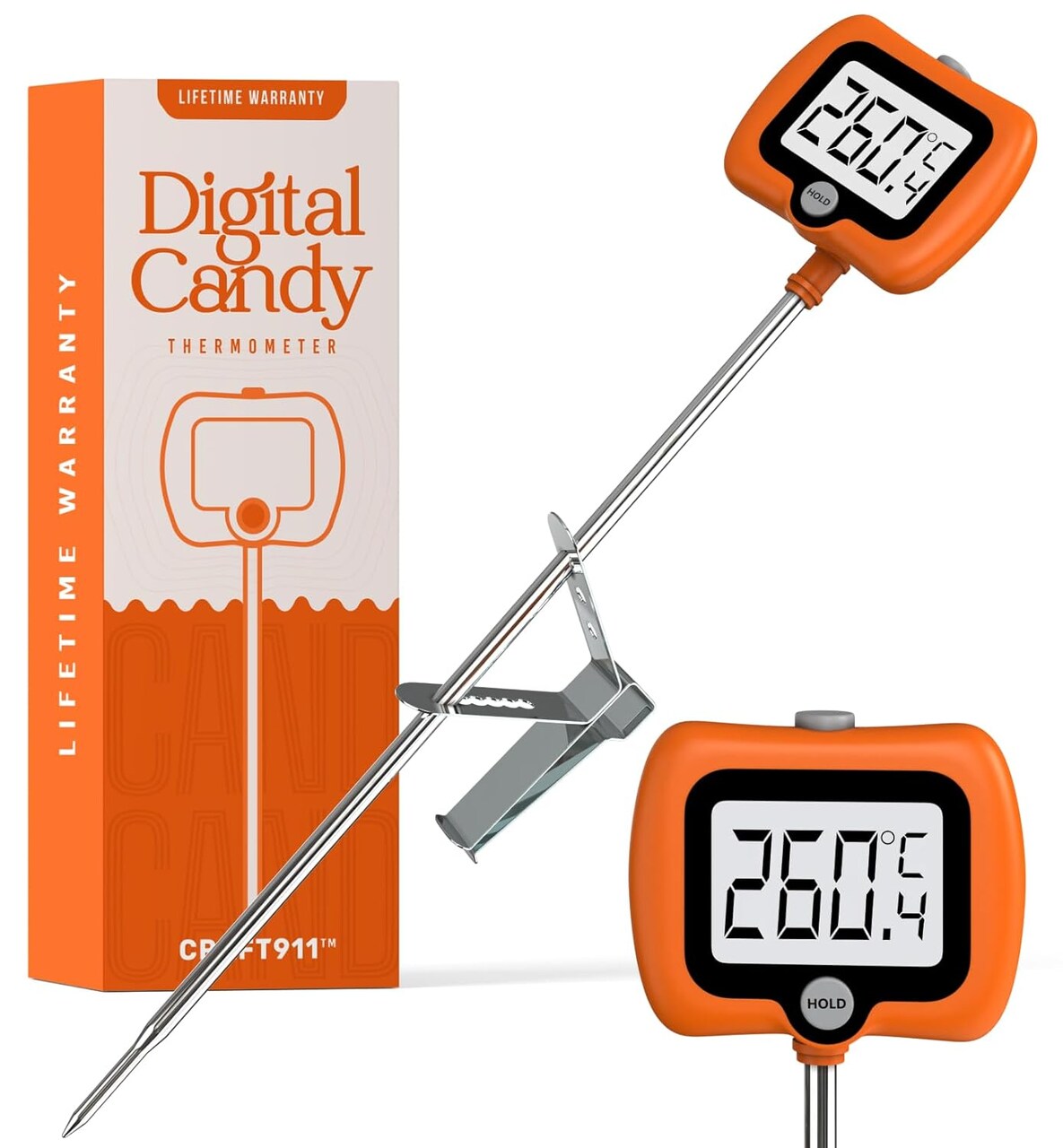 Digital Candy Thermometer with Pot Clip, Instant Read Kitchen Thermometer for Cooking, Baking, and Candy Making – 10" Stainless Steel Probe, LCD Display, Essential Baking Tool (Orange)